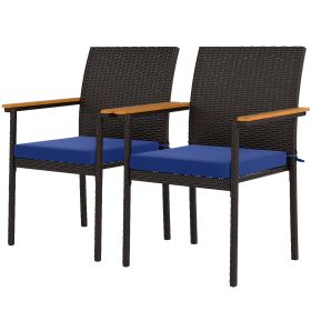 Stackable Patio Wicker Dining Chair Set of 2 with Cushions, Backrest, Armrests for Deck, Garden, Navy Blue (Option: Blue-880x580x200 mm)